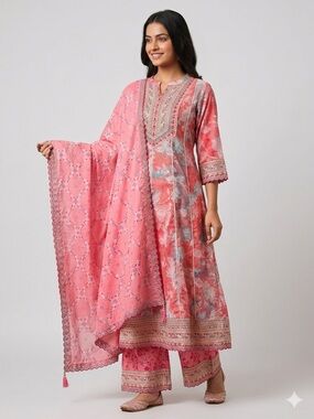 Pink Cotton Anarkali Suit | 3 Pc Embroidered Set With Dupatta